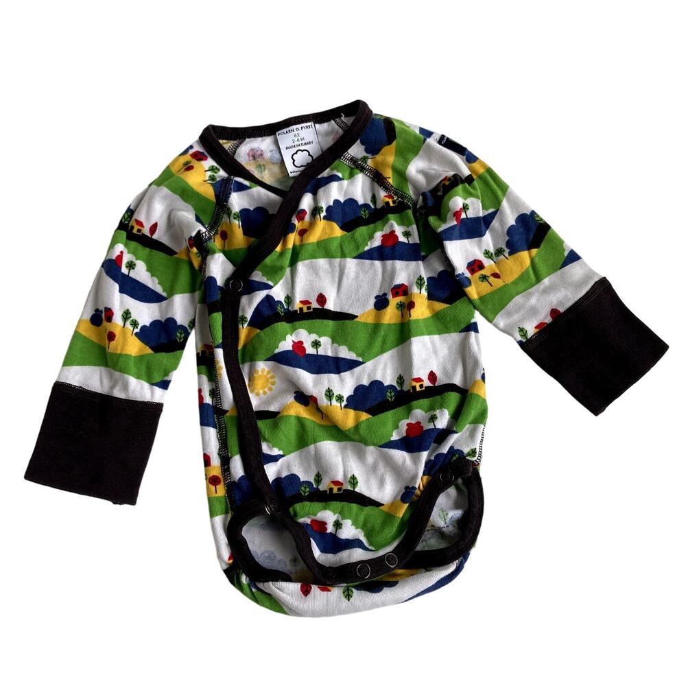 Polarn O Pyret Organic Cotton Long Sleeve Farm Wrap Bodysuit - Blue Green - 2-4M
